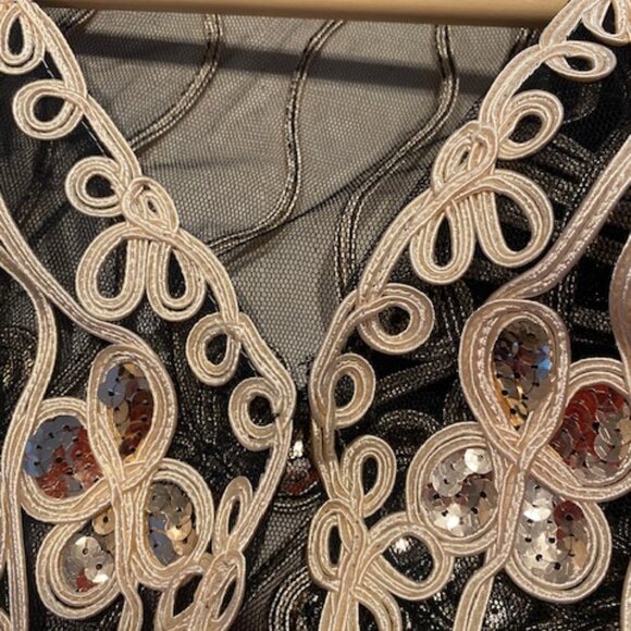 Simple Couture Women's Black Sheer Gold Sequins Decorative Ribbons Top Jacket L - Picture 6 of 9